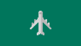 Top-down pixel airplane on green background