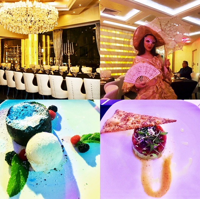 Elegant restaurant collage: performer and plated dishes