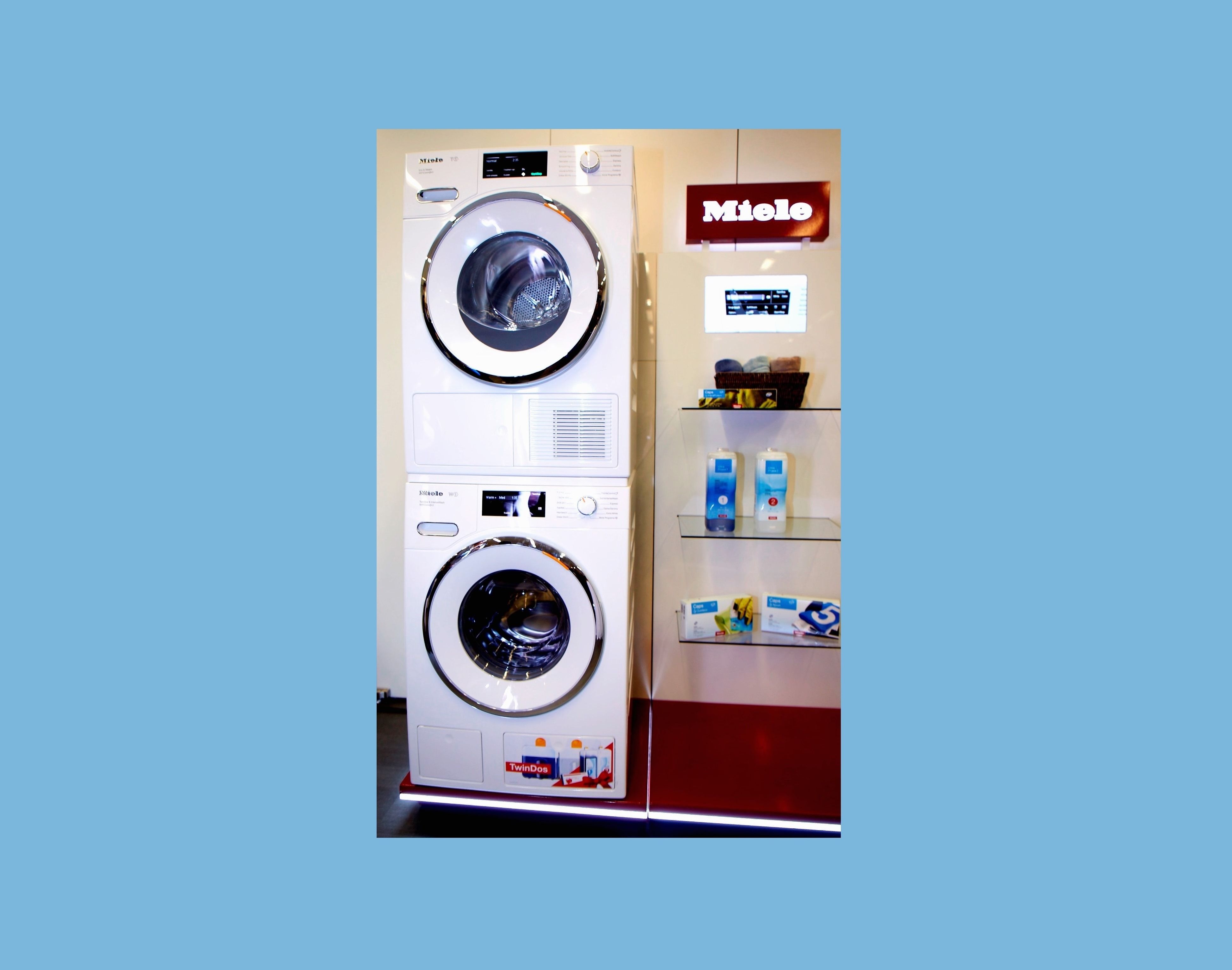 Stacked Miele washer and dryer display