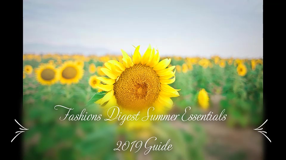 Sunflower field with summer guide text overlay