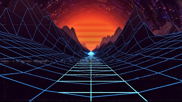 Synthwave neon grid leading to glowing sun