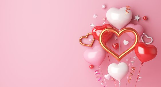 Heart-shaped balloons cluster on pink background