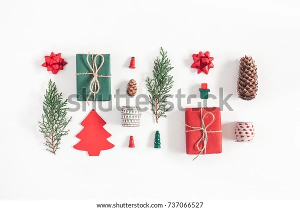 Christmas flat lay with gifts and pinecones
