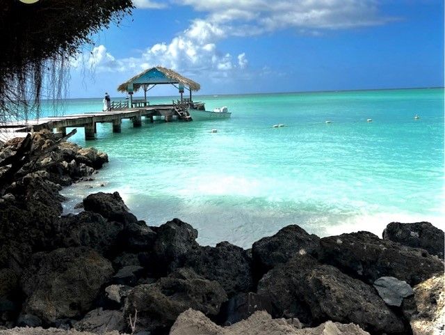 Tropical turquoise beach with wooden pier