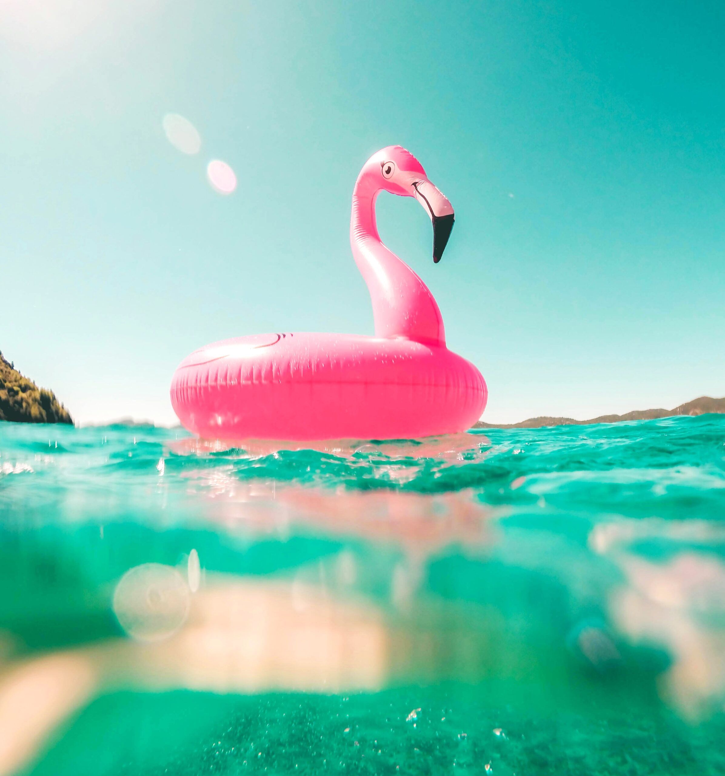 Pink flamingo pool float on turquoise water
