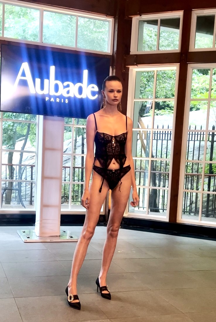 Runway model wearing black lingerie at Aubade