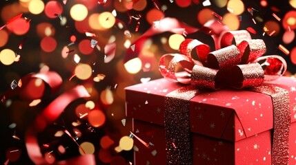 Red gift box with glitter bow and confetti