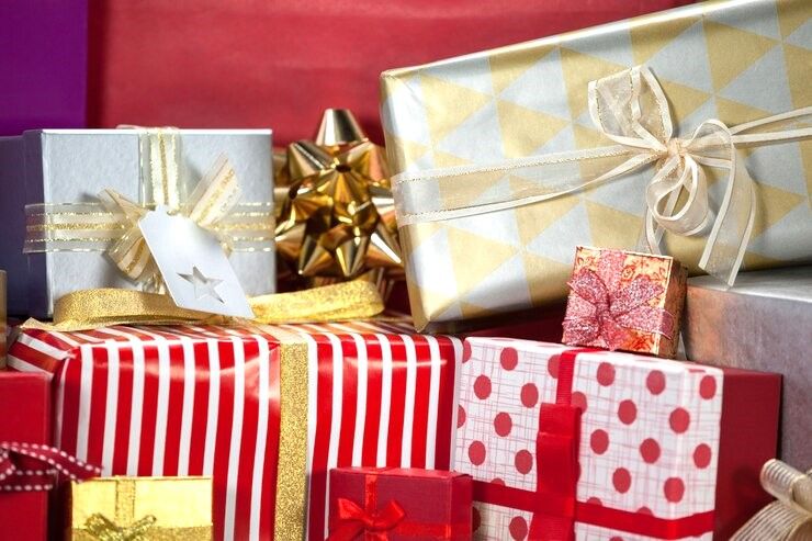 Colorful wrapped gift boxes with bows