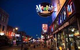 Neon-lit Memphis street at night