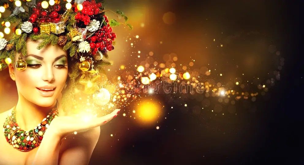 Woman with berry headdress and golden sparkles