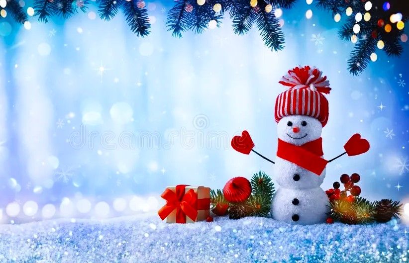 Festive snowman with red hat and gifts