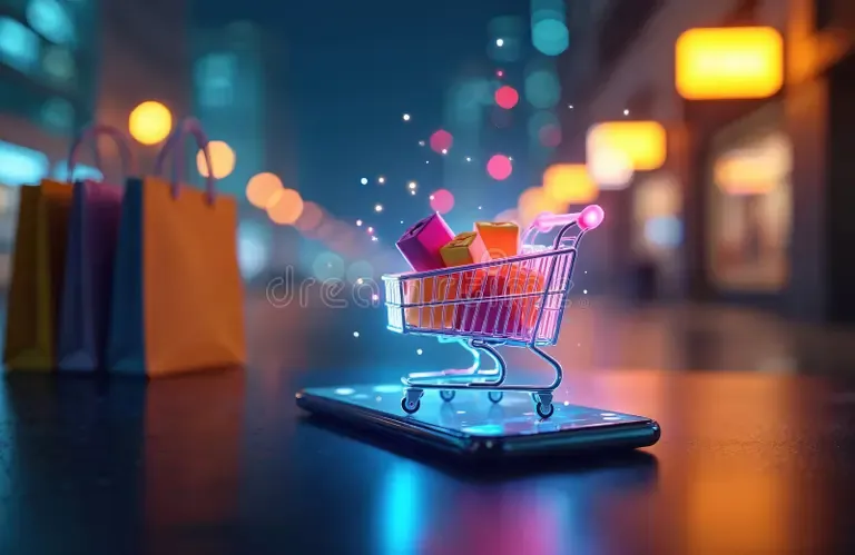 Mini shopping cart with gifts on smartphone