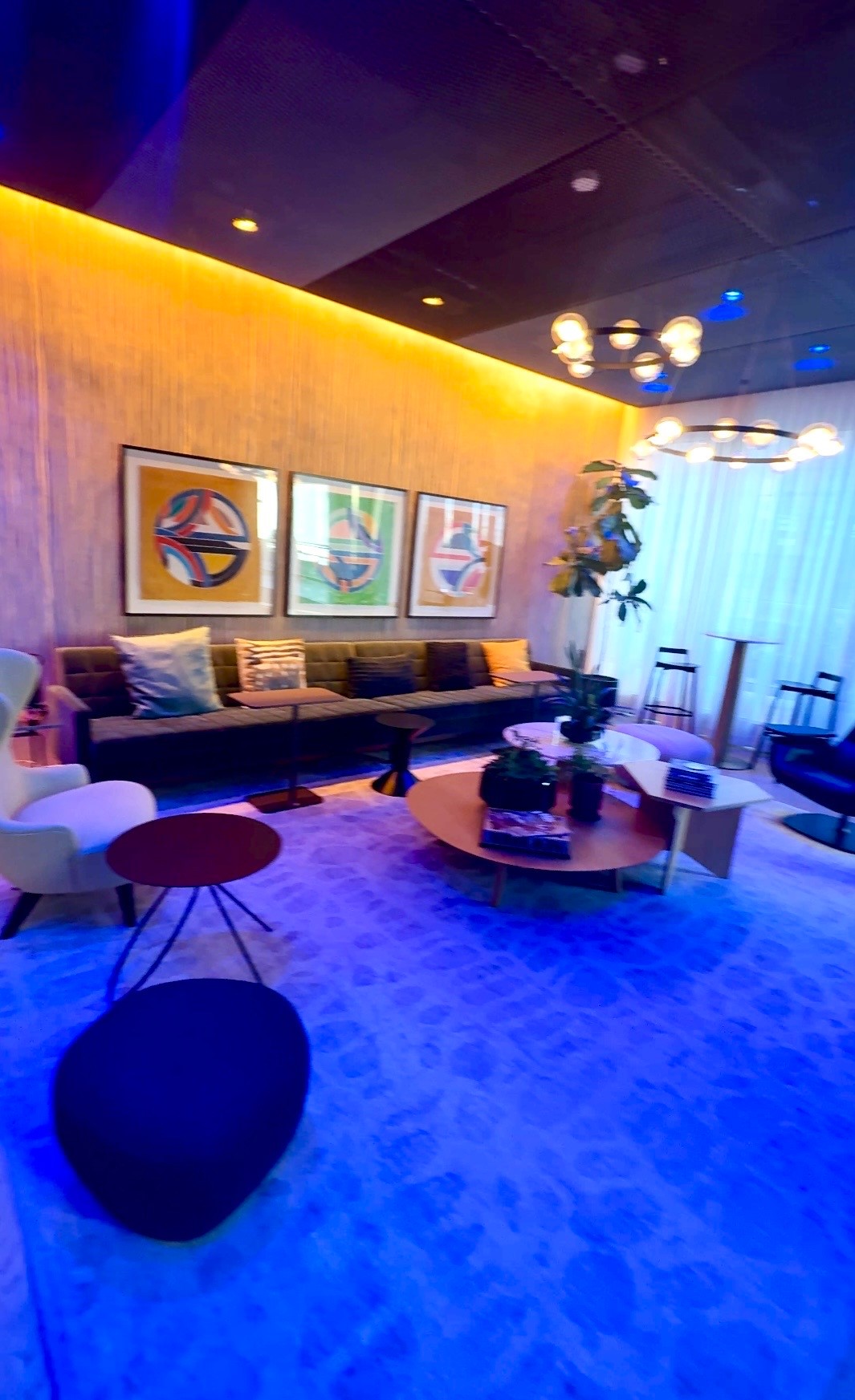 Modern lounge with colorful lighting and seating