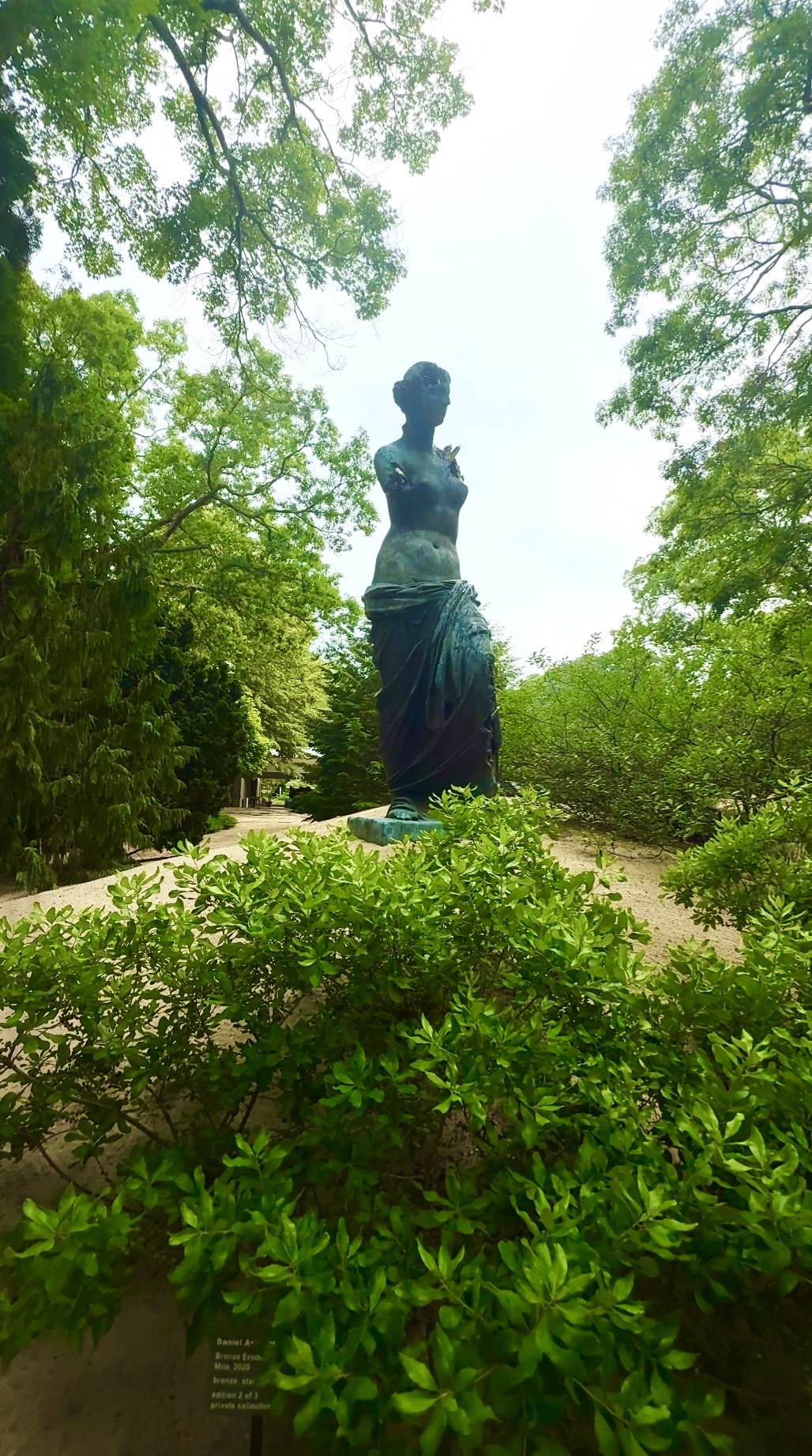 Classical draped statue amid lush garden